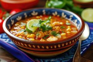 ai généré mexicain rouge pozole rojo soupe avec porc et des légumes photo