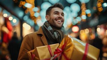 ai généré une Beau homme délices dans achats pour cadeaux à le centre commercial photo