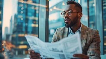 ai généré suave entrepreneur élaboration de stratégies dans une gratte-ciel bureau, cartographie en dehors international affaires entreprises photo