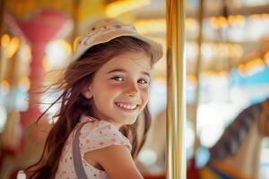 ai généré peu fille exprimer excitation sur coloré carrousel, joyeux aller rond, ayant amusement à amusement parc photo