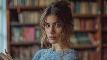 ai généré Jeune magnifique femme dans le bibliothèque en train de lire une livre photo