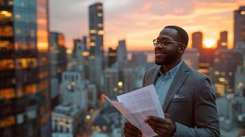 ai généré homme d'affaire révision des plans sur une toit, embrassement sophistication parmi paysage urbain photo