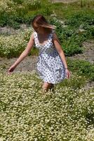 une femme dans une blanc robe avec polka points est sur une clairière avec marguerites. épanouissement marguerites photo