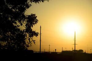 industriel plante dans le Contexte de le coucher du soleil et peuplier branches. Jaune le coucher du soleil. photo