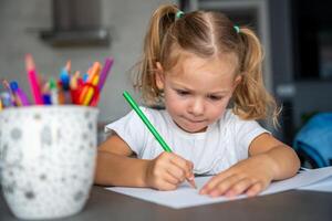 peu fille dessine avec coloré des crayons dans maison. photo