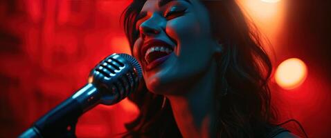 ai généré une magnifique Jeune Dame chante dans microphone tandis que souriant photo