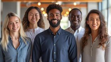 ai généré une multiracial affaires équipe dans le bureau, souriant à le caméra photo