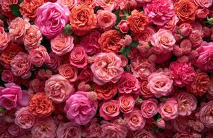 ai généré beaucoup rose des roses formant une mur de des roses photo