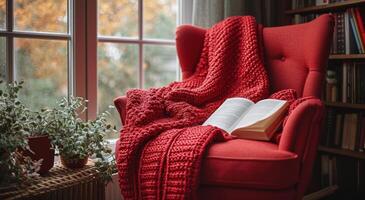 ai généré chaise avec rouge couverture et livre photo