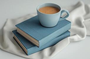 ai généré deux bleu livre sur une tasse de café sur une blanc bureau photo