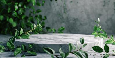 ai généré rond marbre table Haut avec vert feuilles photo