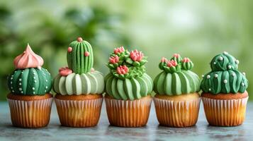 ai généré délicieux petits gâteaux dans le forme de cactus photo