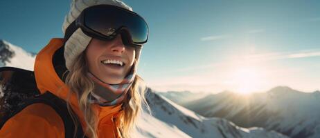 ai généré fille dans hiver planche a neige vêtements monte sur le pente avec une sourire photo