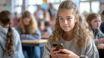 ai généré une blanc 12 ans fille est assis et pièces sur sa téléphone pendant classe. dans le Contexte photo