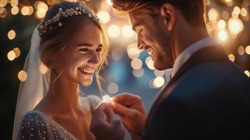 ai généré une homme dans une costume donne une bague avec une grand diamant à une magnifique fille dans un soir robe photo