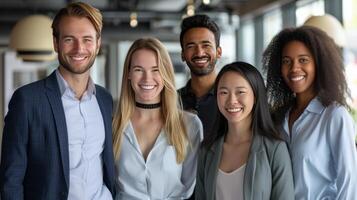 ai généré une multiracial affaires équipe dans le bureau, souriant à le caméra photo