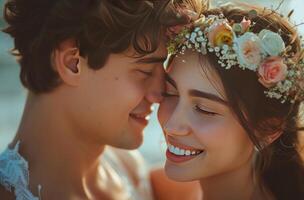 ai généré une couple et fleurs couronnes souriant ensemble photo