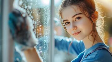 ai généré une Jeune magnifique fille dans une bleu salopette lavages une fenêtre photo