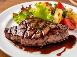 ai généré steak et salade sur une à manger table photo