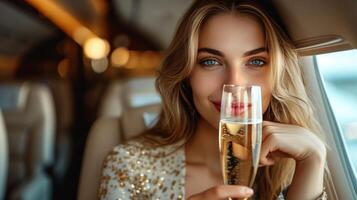 ai généré magnifique femme d'affaires les boissons Champagne dans affaires classe de un avion photo