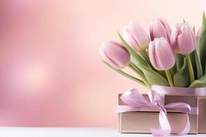 ai généré rose tulipes et cadeaux sur rose Contexte photo