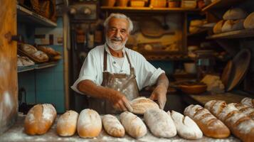 ai généré un vieux boulanger cuit au four pain dans le sien petit confortable italien style boulangerie. photo