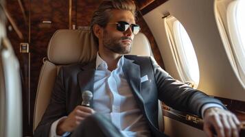 ai généré élégant affaires homme séance dans luxe affaires jet photo