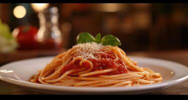 ai généré certains spaghetti sur une assiette sur une foncé Contexte photo