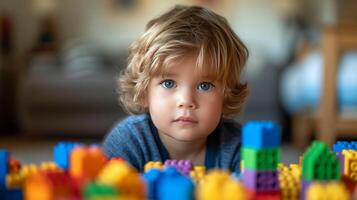 ai généré une trois ans garçon construit une maison de multicolore cubes photo
