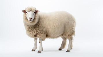 ai généré animal droits concept une calme blanc mouton avec une épais laineux manteau, permanent contre une plaine blanc Contexte. photo