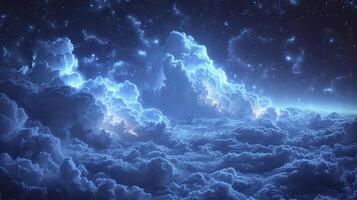 ai généré une nuageux nuit ciel avec le présence de noctilescent des nuages cette lueur dans le obscurité, création une étourdissant ciel voir. vers le ciel vue de dessous. photo