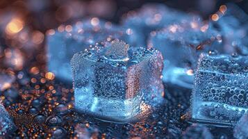 ai généré fermer vue pétillant la glace cubes sur le table photo