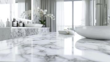 ai généré moderne blanc salle de bains intérieur avec élégant marbre table Haut pour produit afficher photo