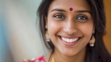 ai généré smiley Indien femme, rayonnant joie dans une moyen coup photo