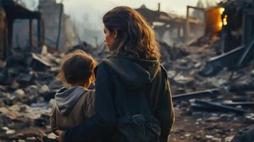 ai généré survivant adversité - femme et enfant au milieu de déchiré par la guerre ruines photo