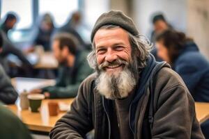 ai généré soins communauté - souriant sans abri homme à une hébergé par des bénévoles table photo