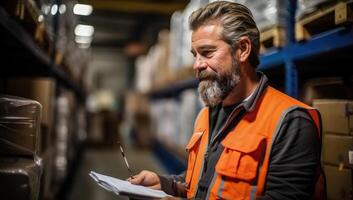 ai généré logistique professionnel - âge moyen homme dans entrepôt uniforme photo