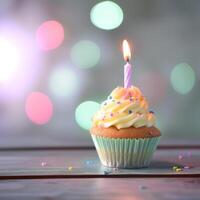 ai généré anniversaire petit gâteau sur flou lumière Contexte photo