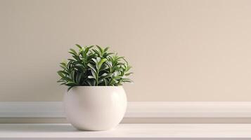 ai généré une blanc maison plante pot séance sur une en bois table photo