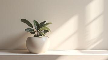 ai généré une blanc maison plante pot séance sur une en bois table photo