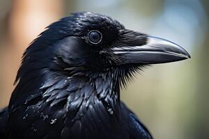 ai généré corbeau rêverie une captivant fermer de une majestueux corbeau. photo