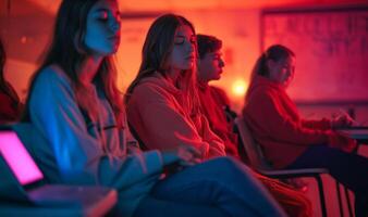 ai généré Harcèlement sur internet dans élèves salle de cours avec néon lumière silencieux souffrir social victime photo