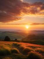 ai généré magnifique scène de d'or le coucher du soleil moulage une chaud lueur sur serein roulant collines. Montagne paysage pour fond d'écran, modèle, ouvrages d'art photo