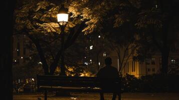 ai généré une homme est assis seul sur une parc banc à minuit avec rue lampe. photo