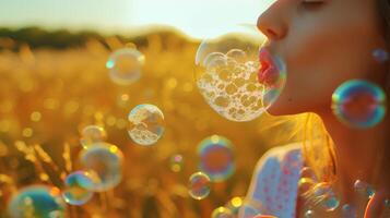 ai généré d'or champ pendant le coucher du soleil femme soufflant savon bulle dans une été photo