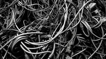 ai généré une Labyrinthe de fils et câbles dans noir et blanc Ton désorganiser câbles photo
