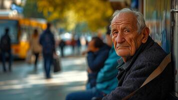 ai généré vieillissement société vieux homme attendre à une autobus Arrêtez perdu dans pensée brouiller Contexte photo