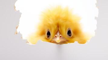 ai généré animal droits concept une mignonne Jaune poussin coups d'oeil par une déchiré blanc surface photo