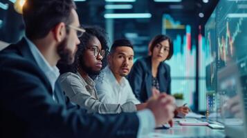 ai généré une groupe de investisseurs travail sur Stock marché décision fabrication avec tableaux blancs et écrans photo