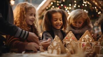 ai généré une traditionnel Noël scène, capturer le joie et chaleur de le vacances avec Père Noël noël, une fille, et une magnifiquement décoré arbre dans une confortable chambre. photo